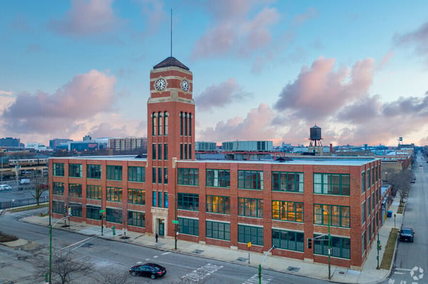 An exterior view of mHUB's new HQ, at the intersection of Ashland and Fulton. 