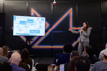Eydis Lima, Founder of medtech startup, Curiva, and mHUB 2023 HardTech Development Fellow, pitches at the mHUB HardTech Summit in March 2024