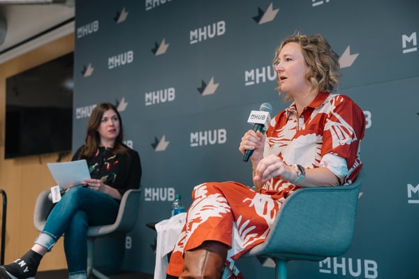 Dr. Zara Summers, Chief Science Officer at LanzaTech, talks with Kim Blomquist, mHUB Marketing Director, at 2023 Women in Manufacturing & Engineering
