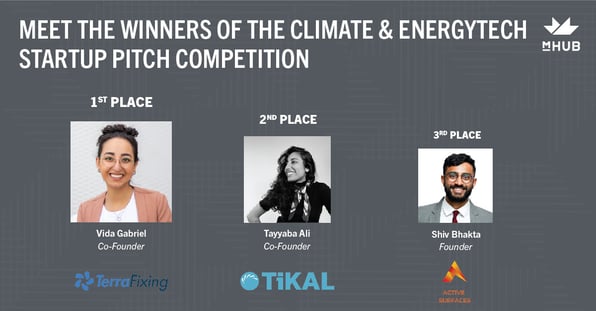 The winners of the mHUB Startup Pitch Competition: TerraFixing, Tikal Industries, and Active Surfaces