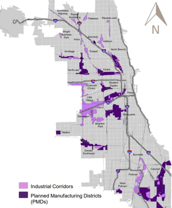 A map of Planned Manufacturing Districts in Chicago.
