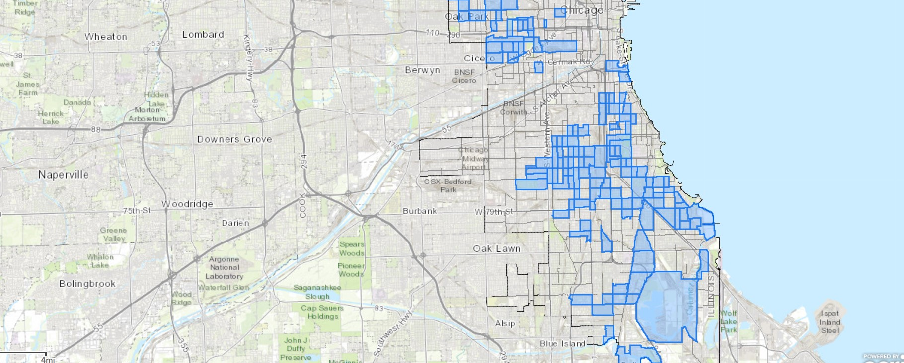 A map of Designated Opportunity Zones in the Chicagoland area.